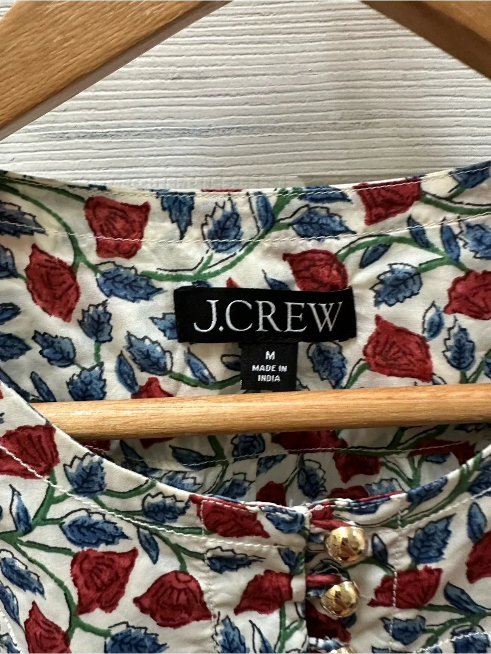 J. Crew Shirred Popover Top in Rosewood Floral White red Button-Front top m